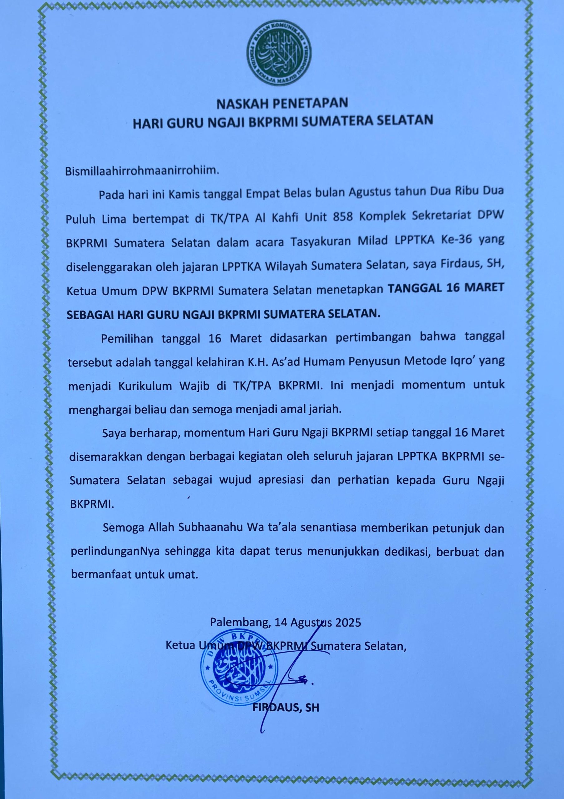 Naskah Asli Penetapan Hari Guru Ngaji